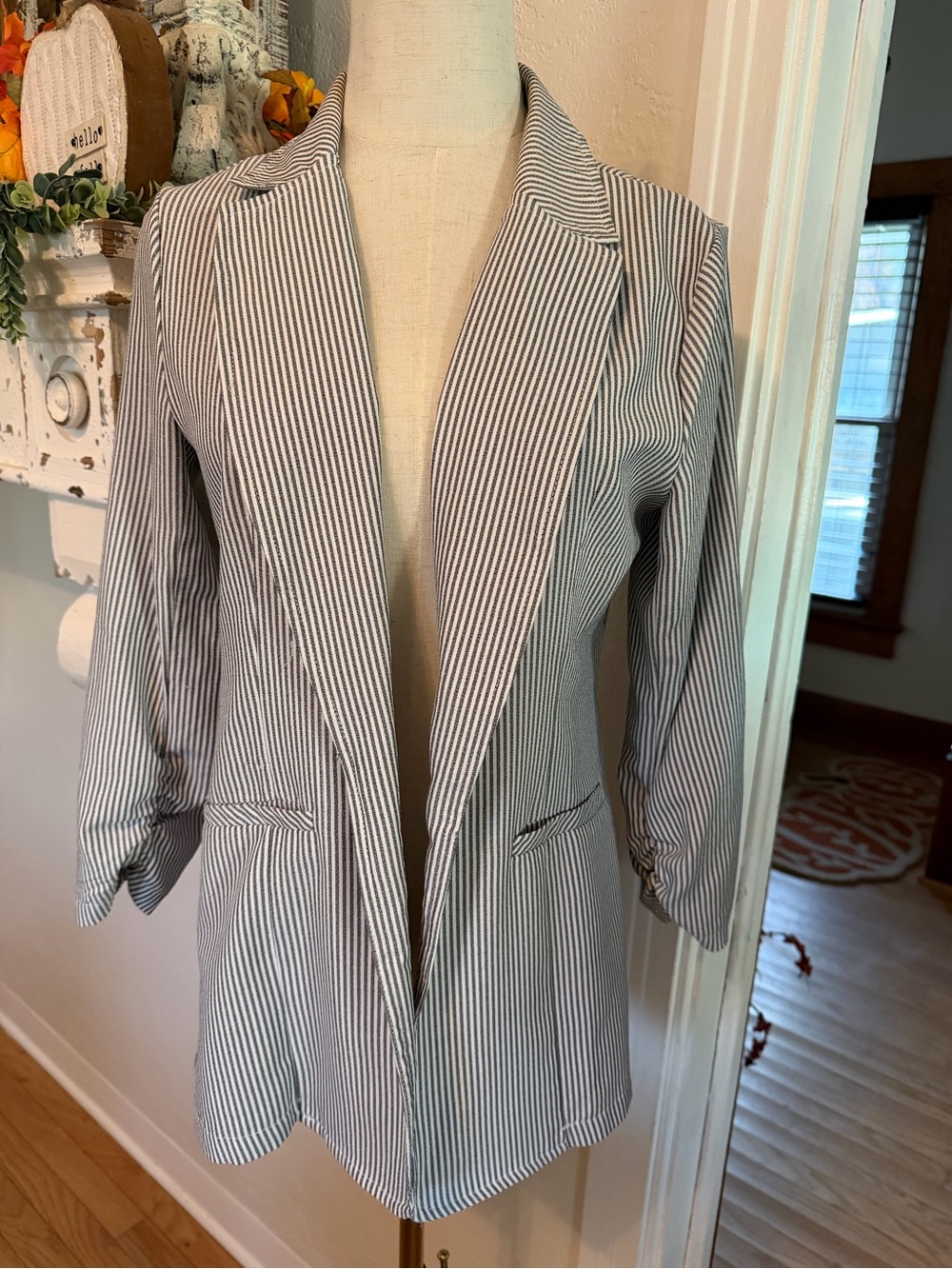 Striped Open-Front Blazer Jacket- Gray/White